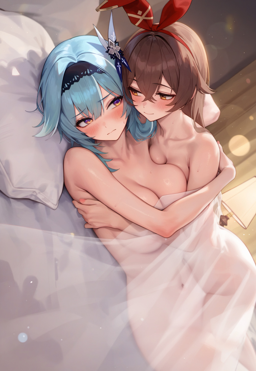 Rule 34 - 2girls Ai Generated Amber (genshin Impact) Bed Sheet Blue Hair  Blush Breasts Brown Hair Cuddling Eula (genshin Impact) Genshin Impact Hug  Large Breasts Lying Nai Diffusion Nude Nude Female