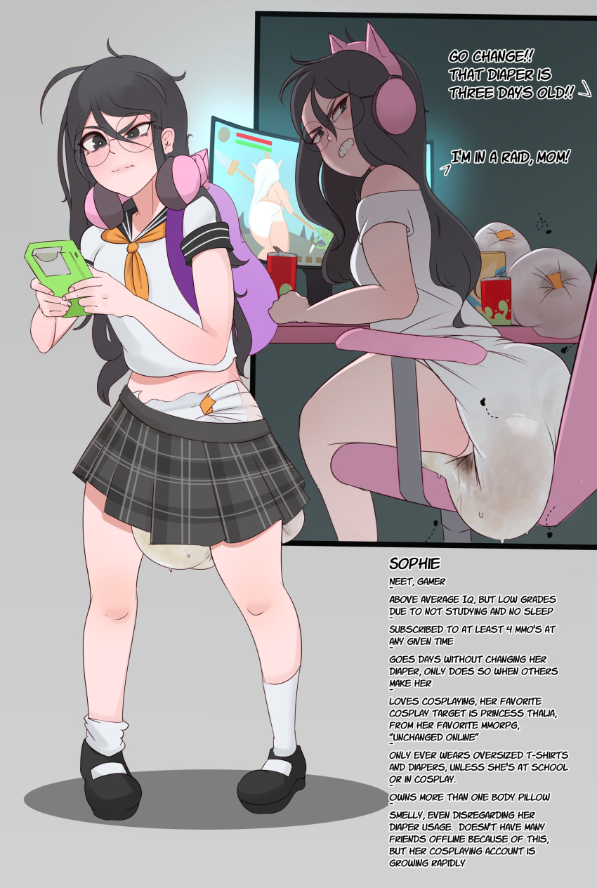 Rule 34 – backpack black eyes black hair cat ear headphones dialogue diaper female gamer girl glasses headphones mary janes messy diaper milkriot neet school uniform serafuku sitting skirt sophie (milkriot) wet diaper | 9426402