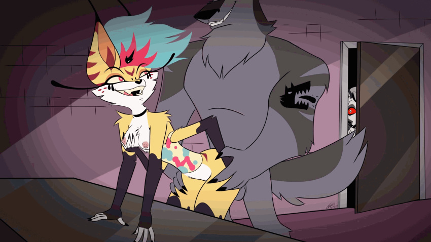 Rule 34 – absurd res animated animated gif canine dog doggy style hellhound helluva boss hi res jackelhaze loona (helluva boss) multicolored hair on table queen bee-lzebub (helluva boss) small breasts small waist smiling toellow skin vortex (helluva boss) voyeurism y | 9274317