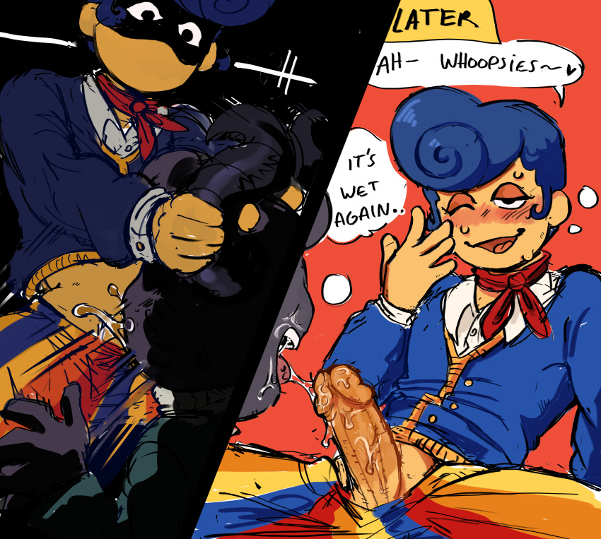 Rule 34 – 1boy ambiguous gender blush dialogue face fucking male focus oral sex original character rimmybone saliva saliva on penis sweat wally darling (welcome home) welcome home (puppet show) | 9303236