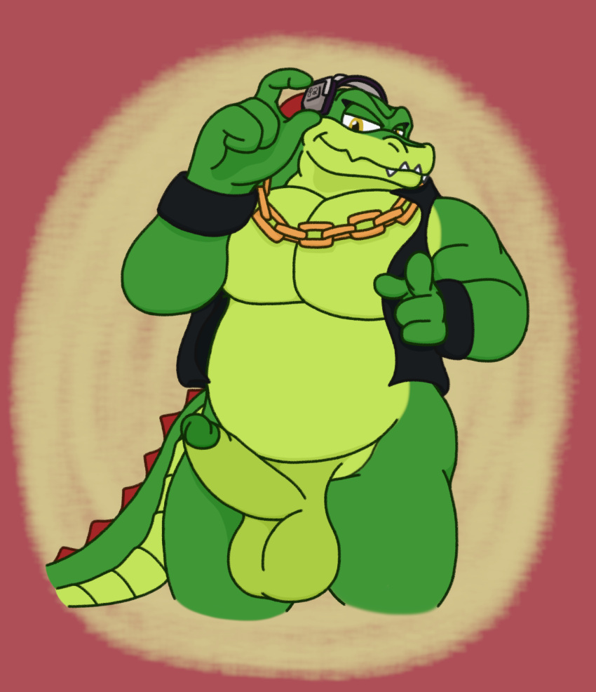 Rule 34 – 4 fingers anthro armband balls belly big balls big pecs big penis bottomless chain necklace chains clothed clothing crocodilian electronics erection fingers genitals gesture hand on headwear headphones hi res jewelry male necklace pecs penis pointing pointing at viewer reptile scalie sega smile smiling at viewer solo sonic the hedgehog (series) spiked tail spikes spikes (anatomy) tail teeth topwear vector the crocodile vest waniiime (artist) yellow eyes | 9409373