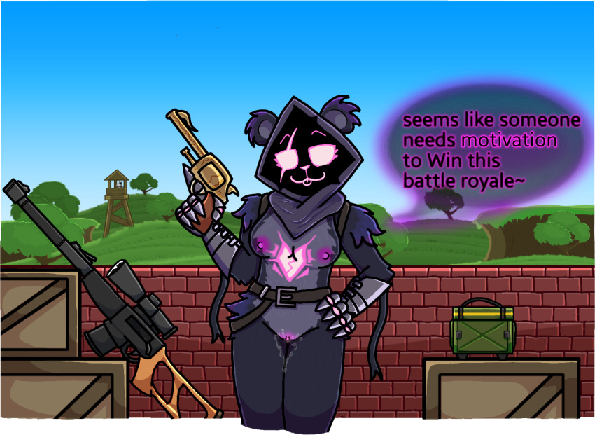 Rule 34 – ammo box ammunition anthro armor belt belt buckle bodily fluids breasts brick wall claws clothing crate darli buni dialogue digital media (artwork) epic games eyebrows female fortnite fur gauntlets genital fluids genitals gloves grass gun hand on hip handgun handwear holding gun holding object holding weapon hood looking at viewer nature nature background plant purple text border pussy raised eyebrows ranged weapon raven team leader revolver rifle sky sniper rifle solo speech bubble standing text tongue tongue out translucent speech bubble tree trigger discipline vaginal fluids vss vintorez wall (structure) weapon | 9448354