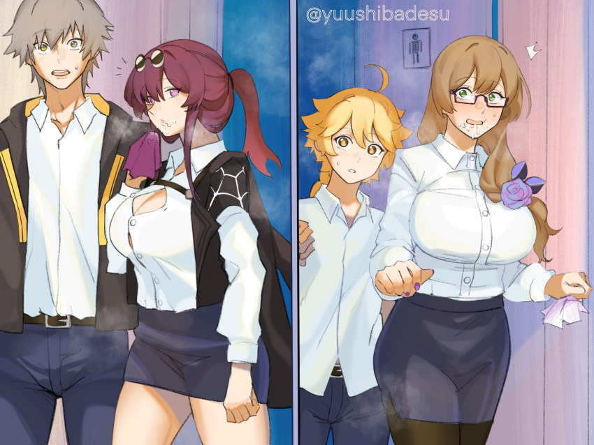 Rule 34 – 2boys 2girls aether (genshin impact) after fellatio ahoge blonde hair blush braid breasts brown hair caelus (honkai: star rail) caught cleavage cum cum in mouth door eyewear on head facial genshin impact green eyes grey hair hair between eyes highres honkai: star rail honkai (series) implied fellatio kafka (honkai: star rail) large breasts lisa (genshin impact) long hair multiple boys multiple girls purple eyes purple hair shirt short hair stray pubic hair surprised trailblazer (honkai: star rail) wide-eyed yuushiba | 9345711