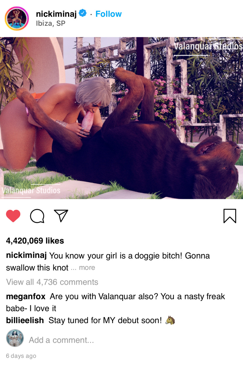 Rule 34 – 3d 3d (artwork) all fours bliss blowjob canine celebrity fake screenshot female on top funny instagram interspecies knot nicki minaj oral oral sex outside relaxing vacation valanquarstudios zoophilia | 8956184