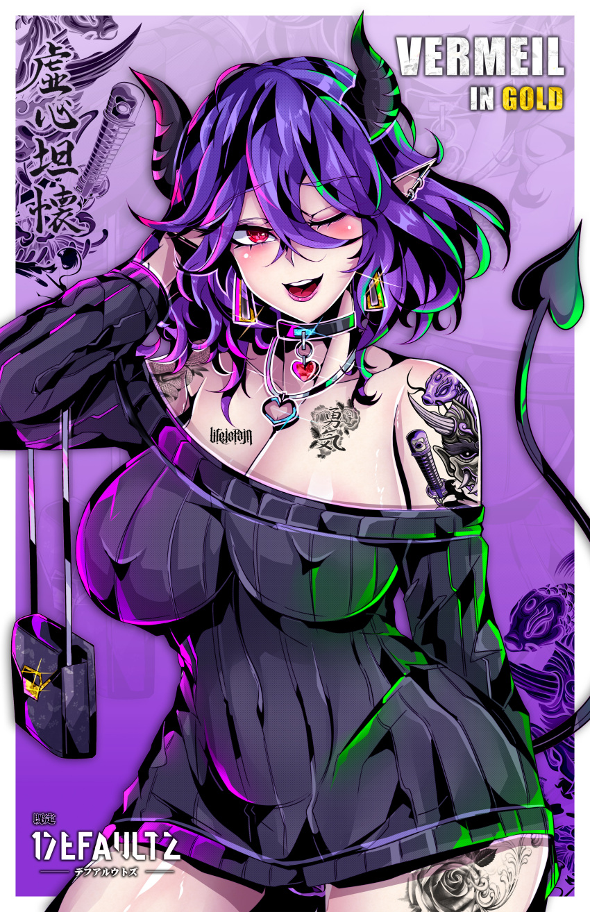 Rule 34 – absurdres arm tattoo artist name bag black bag black choker black horns black sweater blue gemstone blush breasts chest tattoo choker collarbone copyright name covered erect nipples covered navel cowboy shot defaultz demon horns demon tail ear piercing earrings female flower tattoo gem goth goth girl goth slut gothification gothified hair between eyes hand in own hair handbag heart heart-shaped gem heart choker heart necklace highres horns jewelry kinsou no vermeil large breasts necklace no panties off-shoulder sweater off shoulder one eye closed open mouth piercing pointy ears purple background purple hair red eyes ribbed sweater short hair solo succubus sweater tail tattoo vermeil (kinsou no vermeil) vermeil in gold | 9674799