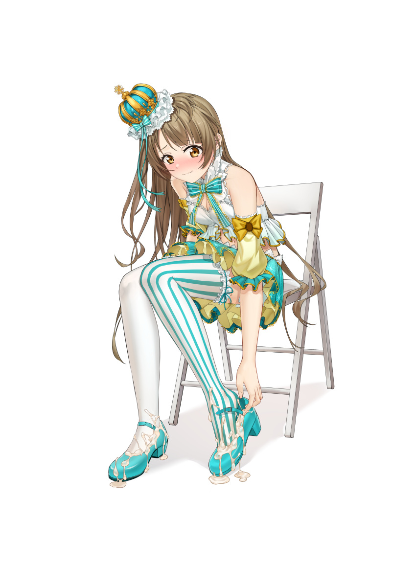 Rule 34 – absurdres alternate costume bare shoulders blue footwear blush breasts brown hair cleavage closed mouth commentary request crown cum cum in clothes cum wearing detached sleeves dress female frilled dress frilled thighhighs frills full body highres long hair love live! medium breasts minami kotori mismatched pupils sitting solo striped clothes striped thighhighs thighhighs vertical-striped clothes vertical-striped thighhighs wavy mouth white thighhighs xo (xo17800108) yellow eyes | 9691796