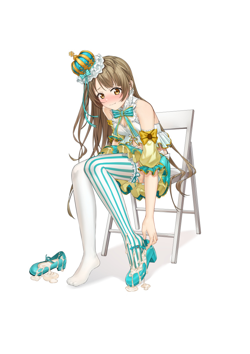 Rule 34 – absurdres alternate costume bare shoulders blue footwear blush breasts brown hair cleavage closed mouth commentary request crown cum cum in clothes cum in footwear detached sleeves dress female frilled dress frilled thighhighs frills full body highres long hair love live! medium breasts minami kotori mismatched pupils shoes sitting solo striped clothes striped thighhighs thighhighs unworn shoes vertical-striped clothes vertical-striped thighhighs wavy mouth white thighhighs xo (xo17800108) yellow eyes | 9691797