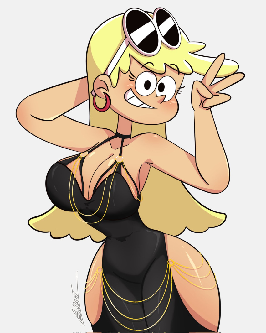 Rule 34 - Autart Big Ass Big Breasts Black Dress Blonde Female Blonde Hair  Blonde Hair Female Cartoon Glasses Glasses On Head Leni Loud Modakawa Dress  Peace Sign Smile Smiling At Viewer