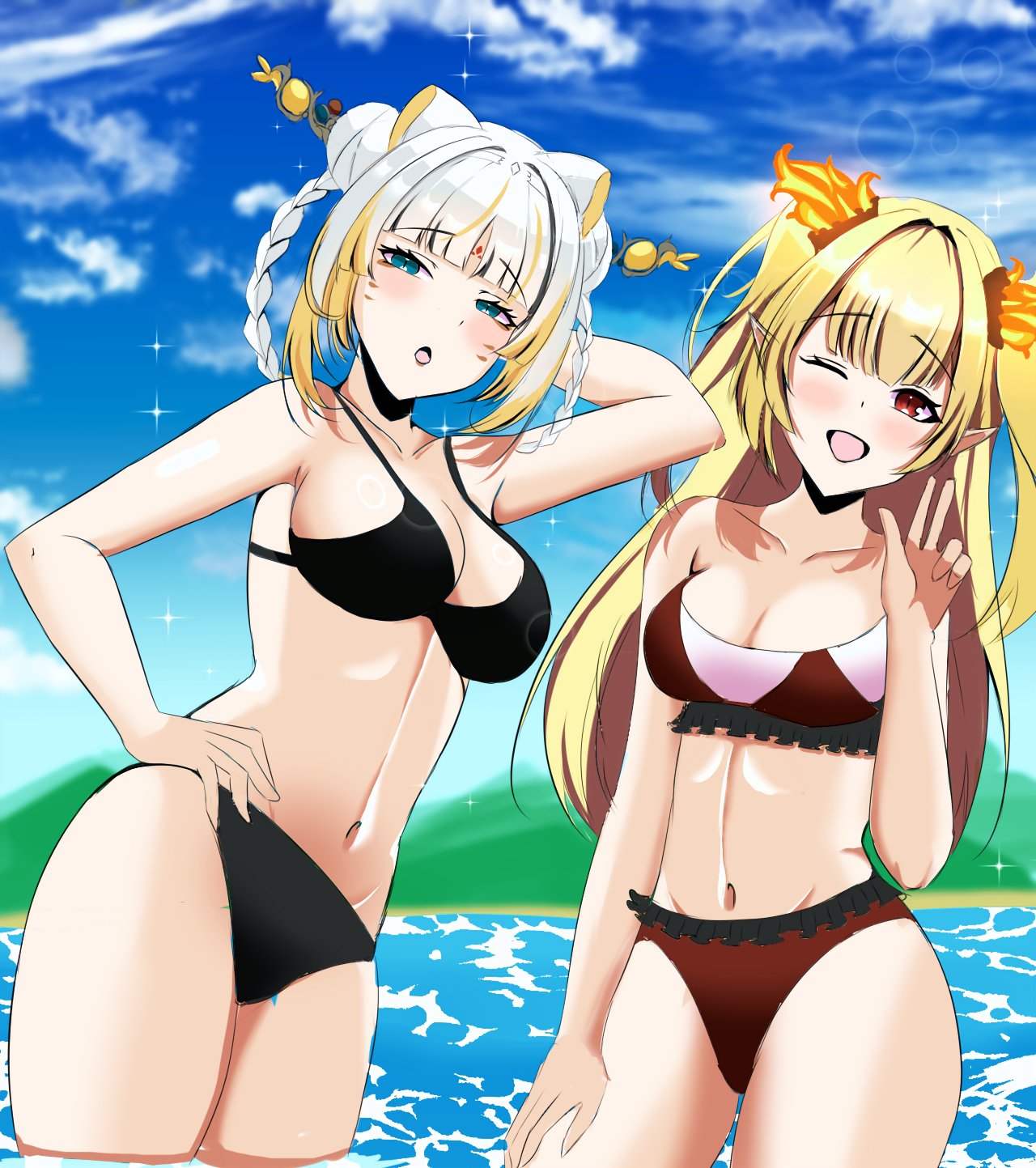 Rule 34 – 2d 2d (artwork) 2girls alternate costume aqua eyes beach belly button bikini black bikini black bikini bottom black bikini top blonde hair bra cleavage clouds day female front view hourglass figure idol corp idol es latam virtual youtuber light-skinned female light skin long hair looking at viewer medium breasts navel ocean one eye closed outdoors red eyes revealing clothes revealing swimsuit ruby runeheart short hair sky smiling smiling at viewer standing standing in water suggestive suggestive look summer swimsuit taiga toragami thong thong bikini tiger ears tiger girl two piece swimsuit two tone hair virtual youtuber vtuber vtuberfanart water white hair yakuni young younger female | 10205179