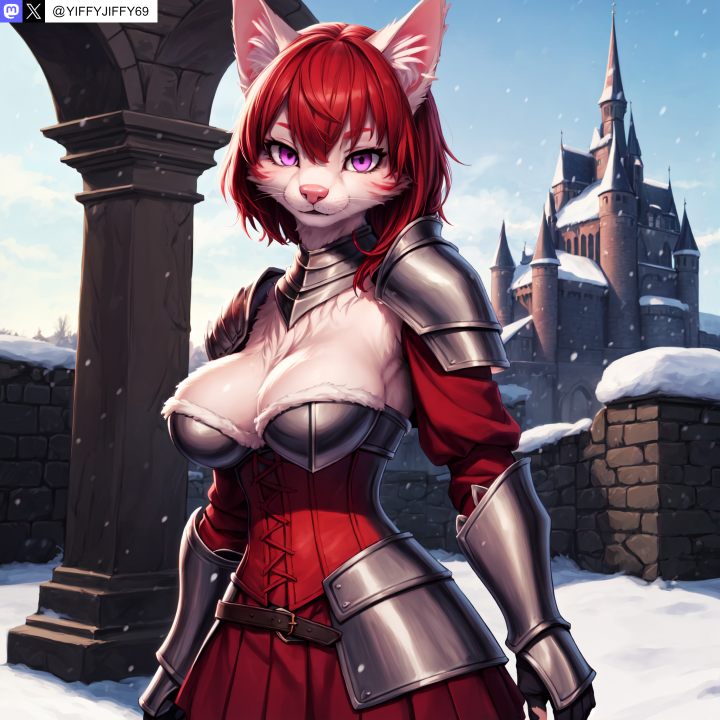 Rule 34 – ai generated animal ear fluff animal ears anthro armor artist name bangs belt black gloves blue sky breastplate breasts castle cat ears cat girl cleavage cloud cowboy shot day domestic cat feline female furry furry female gauntlets hair between eyes large breasts looking at viewer medium hair outdoors pauldrons purple eyes red hair red skirt shoulder armor skirt sky slit pupils smile snow snowing solo stable diffusion standing twitter twitter username vambraces watermark white fur yiffyjiffy69 | 10237185