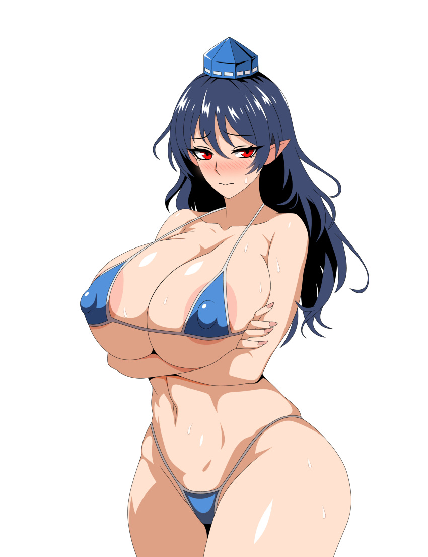 Rule 34 – 1girls 2d areolae bare shoulders belly belly button bikini bikini only black hair blush breasts cleavage crossed arms embarrassed female hands crossed hips humanoid iizunamaru megumu large breasts long hair looking at viewer nipple bulge nipples pointy ears red eyes shy sideass solo source ssaf52913778 standing sweat tengu thick thighs thighs tokin hat touhou visible areolae white background wide hips | 9870834