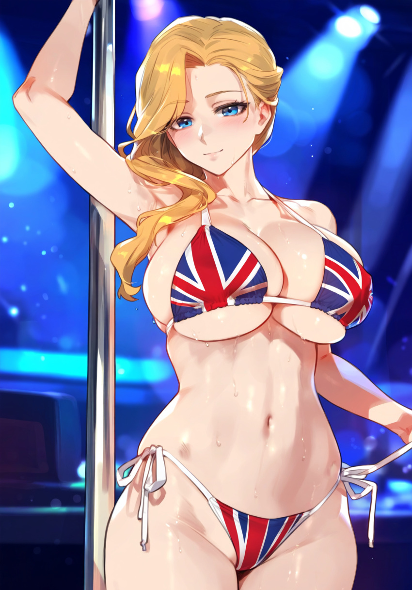Rule 34 – 1girls ai generated azur lane big breasts bikini blonde hair blue eyes blush eyebrows visible through hair hood (azur lane) pale-skinned female pale skin side ponytail smile solo solo female solo focus stripper pole suggestive pose sweat thick thighs truck kun union jack union jack bikini untying panties wide hips | 10282183
