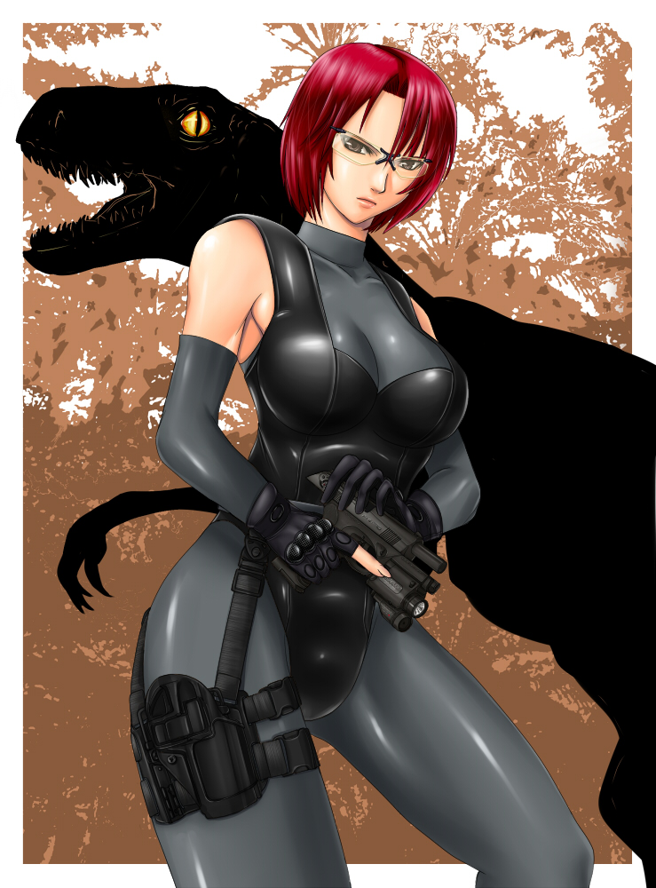 Rule 34 – beretta px4 bodysuit breasts cleavage cocking gun commentary request detached sleeves dino crisis dinosaur female glasses gloves gun handgun holster judge martin large breasts raptor red hair regina (dino crisis) safety glasses short hair skin tight solo thigh holster tinted eyewear trigger discipline weapon yellow-tinted eyewear | 10516100