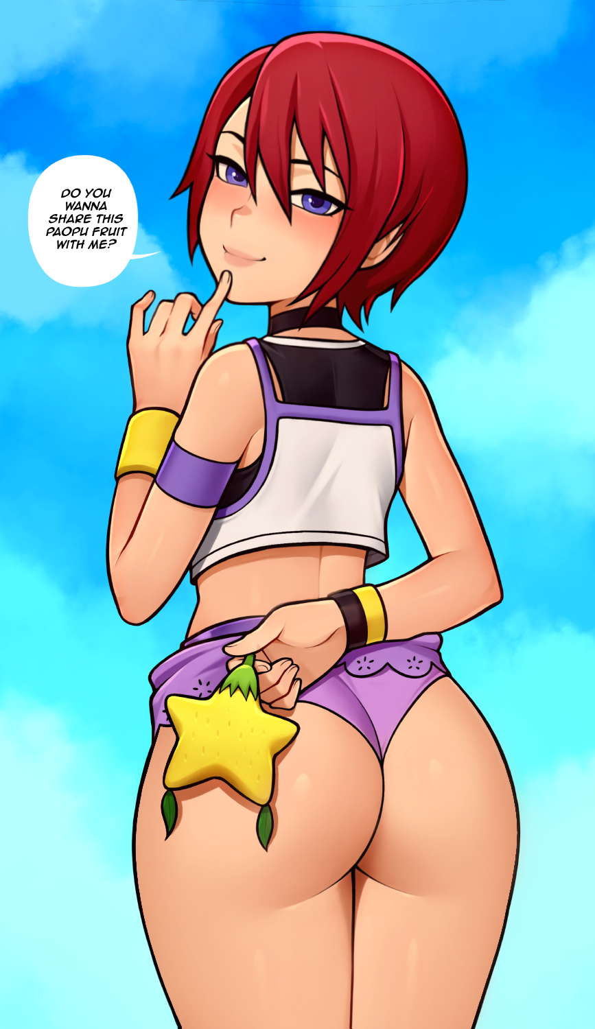 Rule 34 – 1girls ass blush choker cowboy shot disney english text from behind fruit hi res kairi kingdom hearts loodncrood looking at viewer looking back midriff miniskirt panties purple eyes purple panties red hair short hair sidelocks skirt skirt lift smile solo speech bubble square enix standing talking to viewer tank top undershirt | 10344947