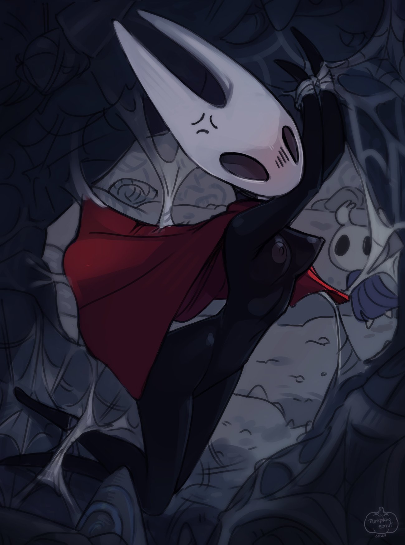 Rule 34 – annoyed blush exposed female focus hollow knight hornet (hollow knight) pinup protagonist (hollow knight) pumpkinsmut tied up webs | 10532842