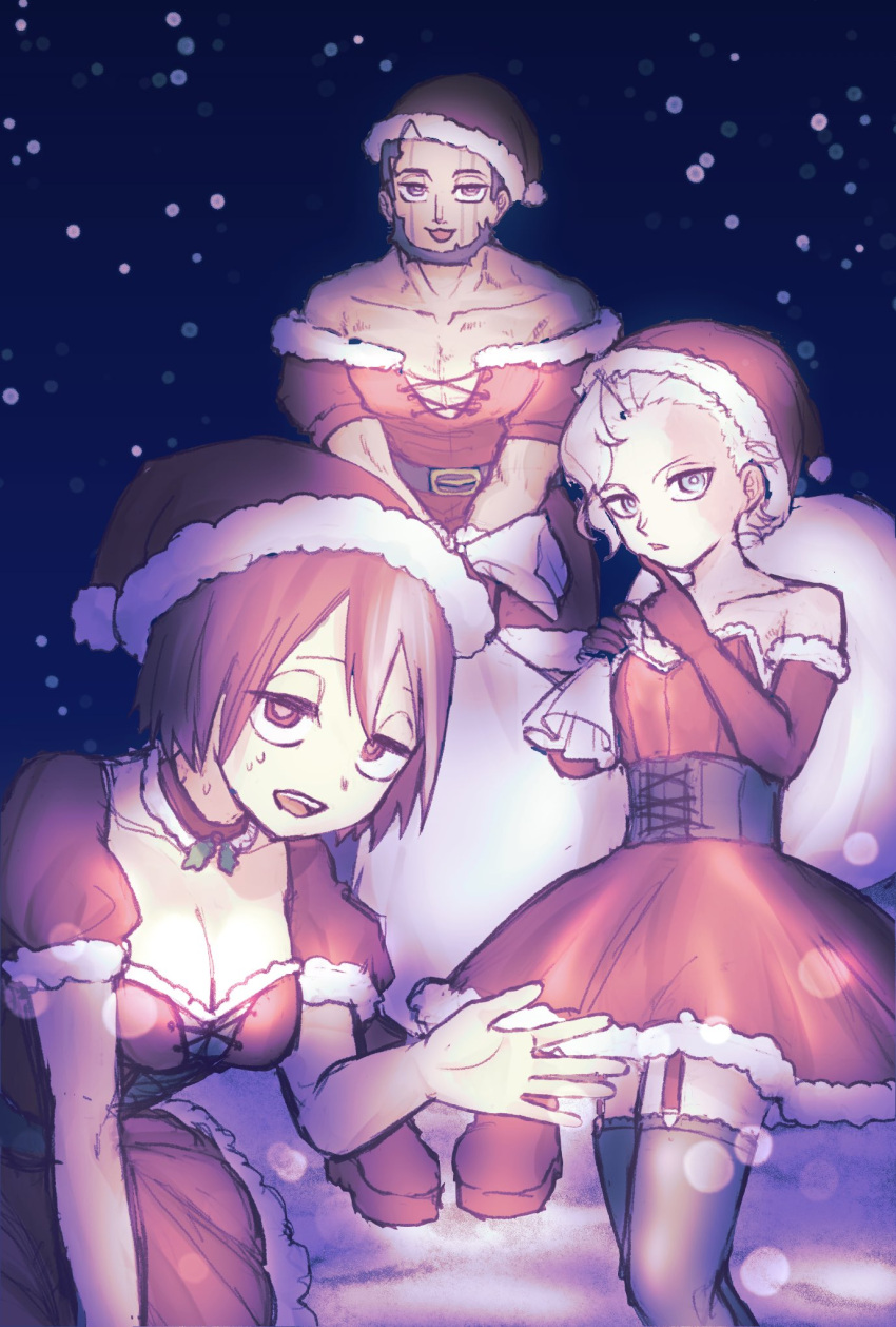 Rule 34 – 1boy 1girls 1other ambiguous gender androgynous annouu ronpa beard belaf christmas christmas outfit cleavage crossdressing elbow gloves facial scar female fully clothed garter straps half-closed eyes made in abyss male mature male pale skin red eyes red hair santa hat short hair smile sweatdrop thighhighs vueko wazukyan white hair | 10443422
