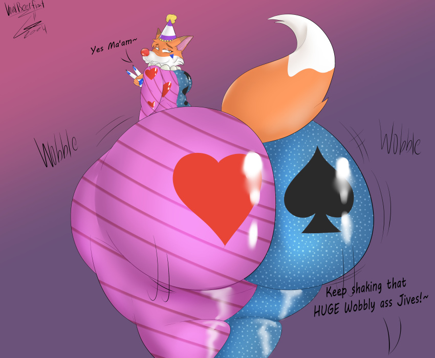 Rule 34 – absurd res anthro ass big butt big tail canid canine clothing clown clown makeup clown nose dialogue facial markings fox fur gesture glistening glistening body hand gesture head markings heart symbol hi res huge butt latex latex clothing looking back male mammal markings multicolored body multicolored fur orange body orange fur presenting presenting hindquarters red nose shaking butt smile smug smug face solo standing symbol tail twerking v sign voidbeerfloat | 10323602