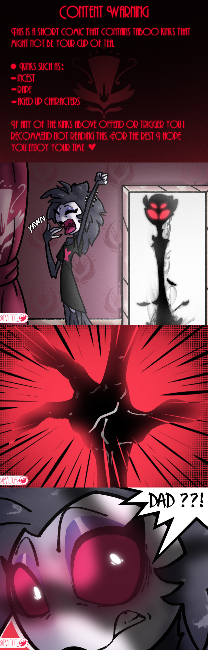 Rule 34 – absurd res age difference aged up anthro avian beak bird bodily fluids clothing comic content warning cover cover art cover page crying cum daughter (lore) demon digital media (artwork) duo english text eviltqf eyelashes father (lore) father and child (lore) father and daughter (lore) feathers female genital fluids hair helluva boss hi res imminent sex incest (lore) looming loose feather loose shirt male male/female messy hair octavia (helluva boss) open mouth oversized clothing owl owl demon parent (lore) parent and child (lore) parent and daughter (lore) red eyes scared scared face simple background stolas (helluva boss) tears text waking up wide eyed yawn yawning position | 10501116