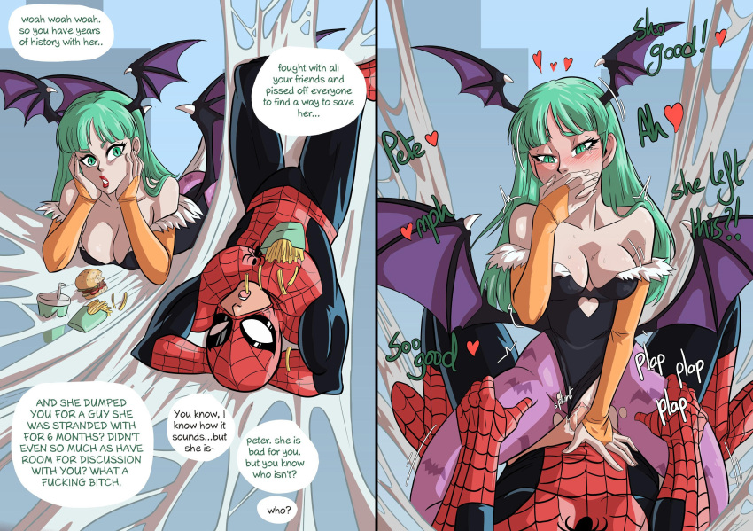 Rule 34 – 2 panel comic 2koma big breasts blush breasts burger capcom clothed clothed female clothed female clothed male clothed male clothed sex cowgirl position crossover crossover pairing crossover shipping darkstalkers demon demon girl demoness duo eastern and western character eating eating food english english dialogue english text food french fries green hair hand over mouth hands on hips heterosexual interspecies interspecies sex light-skinned female light-skinned male light skin long hair marvel marvel comics marvel vs. capcom morrigan aensland pantyhose penetration penile penetration penis penis in pussy peter parker spider-man spider-man (series) straight straight sex succubus superhero superhero costume talking vaginal penetration wacum web wings | 10513597