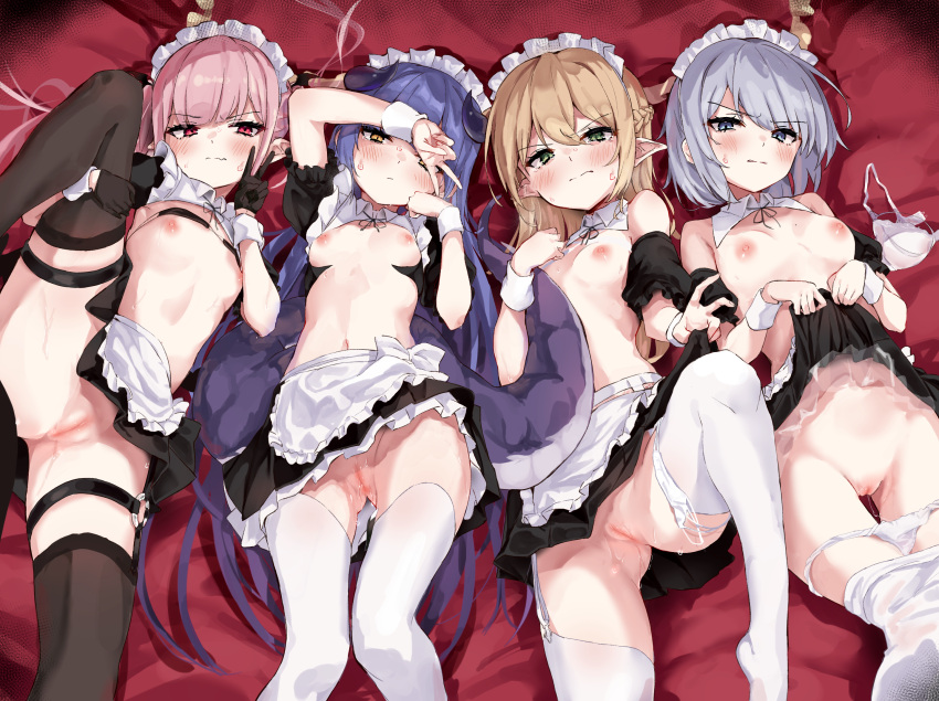 Rule 34 – apron black dress bra breasts dress highres lying maid maid apron navel nipples on back open mouth original panties panty pull pointy ears pussy small breasts thighhighs toshizou (0714) underwear wings | 10303440