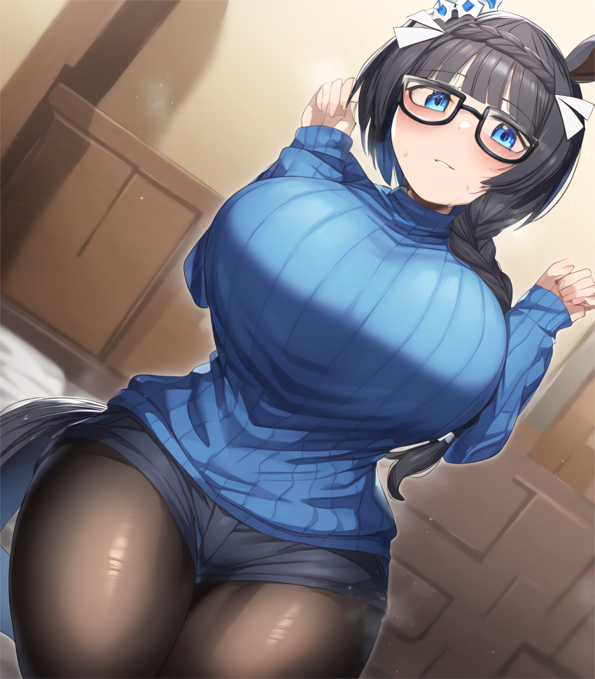 Rule 34 – 1girls ai generated animal ears black hair black legwear blue eyes braid braided hair breasts female glasses hair ornament horse girl huge breasts large breasts mike (jagabata357) single braid solo sweater tights umamusume umamusume pretty derby zenno rob roy (umamusume) | 10358340