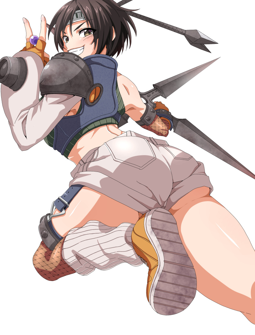 Rule 34 – absurdres ass black hair brown eyes brown hair commentary cropped sweater detached sleeves female final fantasy final fantasy vii final fantasy vii rebirth final fantasy vii remake fingerless gloves foot out of frame gloves green sweater grin hand up headband highres holding holding shuriken holding weapon looking at viewer looking back looking to the side materia midriff orange footwear orange gloves ryohei 29 short hair shorts shuriken single bare shoulder single detached sleeve single fishnet armwear single fishnet legwear single shoulder pad sleeveless sleeveless turtleneck smile socks solo sweater teeth turtleneck turtleneck sweater weapon white background white socks yuffie kisaragi | 9800563