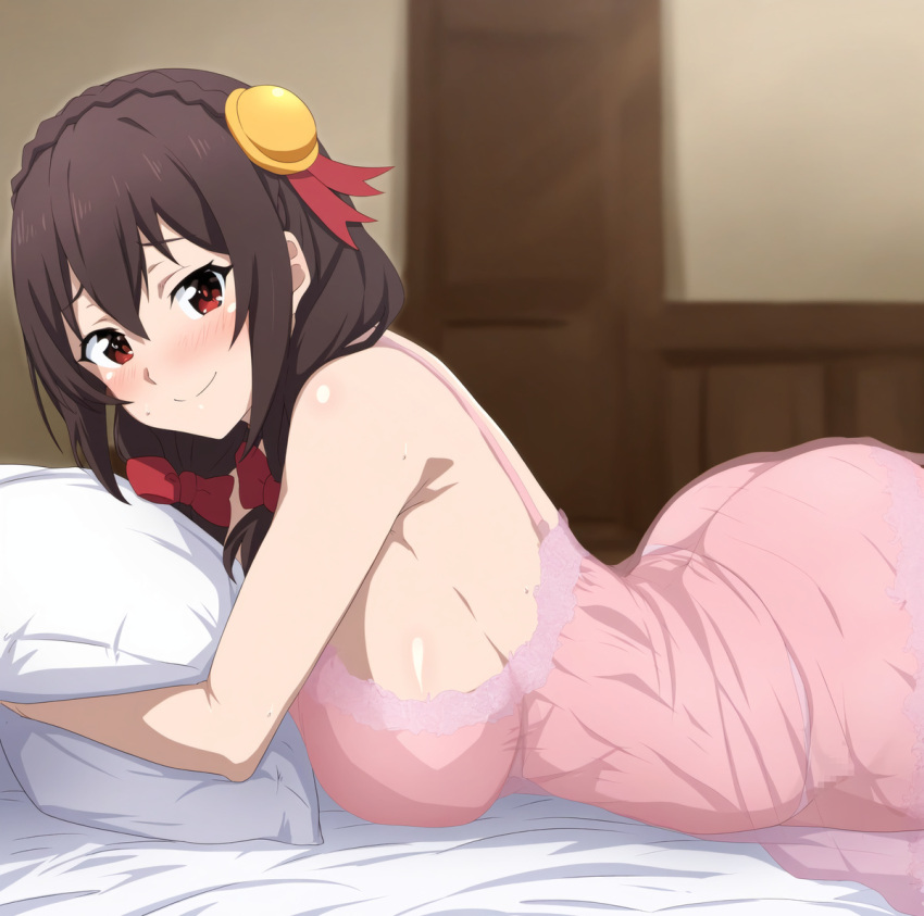 Rule 34 – ai generated bed big breasts black hair braided hair camisole curvaceous curvy female hair ornament hairbow huge breasts kono subarashii sekai ni shukufuku wo! large breasts light-skinned female light skin looking at viewer pajamas pillow grab red eyes smiling solo female tofuro voluptuous voluptuous female yunyun (konosuba) | 10393728