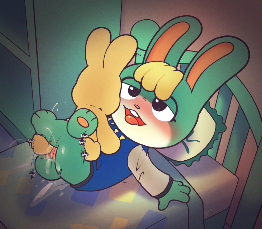 Rule 34 – animal crossing argon vile bed blonde hair blue body blue fur blush bodily fluids bottomless clothed clothing crossed legs cum english text fur furniture genital fluids hair hi res jacket lagomorph leporid letterman jacket long ears looking pleasured lying male mammal masturbation motion lines nintendo on back partially clothed plushie plushophilia rabbit sasha (animal crossing) solo text topwear vignette | 10329208