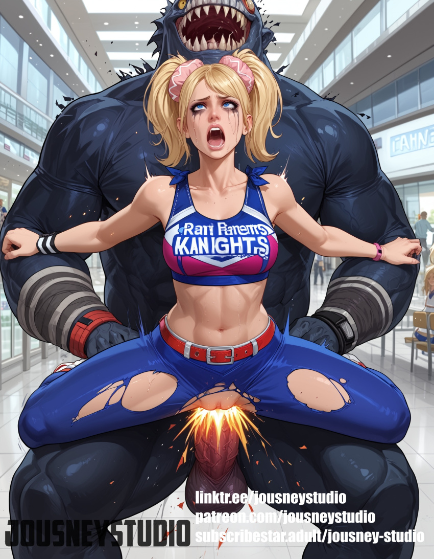 Rule 34 - 1boy Abs Bare Shoulders Belt Blonde Hair Blood Blue Eyes Breasts  Cheerleader Clothed Sex Clothing Colored Skin Crop Top English Language  English Text Female Female Hair Ornament Huge Cock