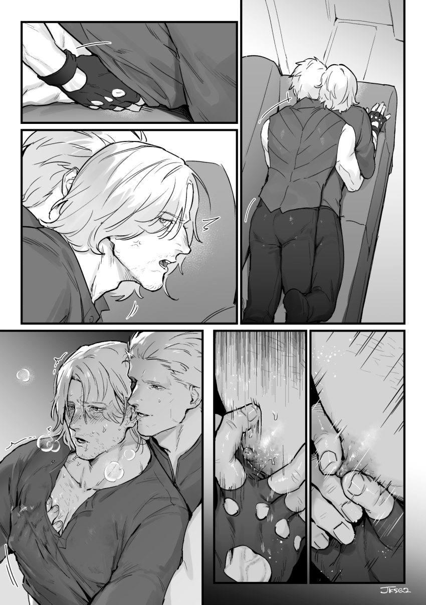 Rule 34 – 2boys bara dante (devil may cry) devil may cry (series) devil may cry 5 facial hair fingerless gloves gloves greyscale groping hand under clothes highres incest indoors jksg2 large pectorals lying lying on person male focus monochrome multiple boys muscular muscular male nipple stimulation nipple tweak on stomach open mouth pants pectorals shirt short hair stubble textless version vergil (devil may cry) yaoi | 10507940