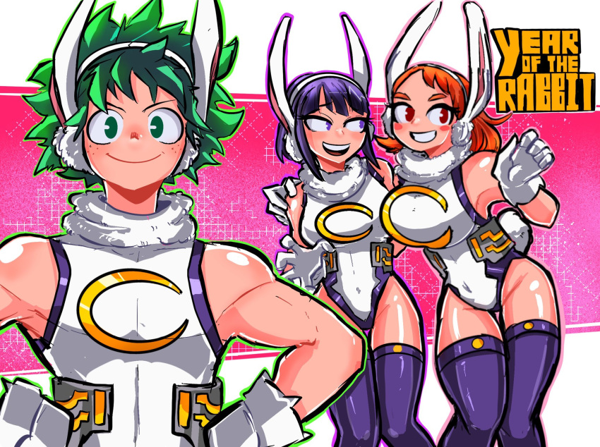 Rule 34 – 1boy 2girls animal ears arm around shoulder bare shoulders boku no hero academia breasts brown eyes chinese zodiac commentary cosplay covered navel crescent english commentary english text fake animal ears fake tail freckles fur collar gloves green eyes green hair hand up hands on own hips highleg highleg leotard highres jirou kyouka large breasts leotard looking at another looking at viewer midoriya izuku mirko mirko (cosplay) multiple girls my hero academia orange hair purple eyes purple hair rabbit ears rabbit tail sidelocks sleeveless smile sonchapo superhero costume tail thighhighs uraraka ochako white gloves year of the rabbit | 10385169