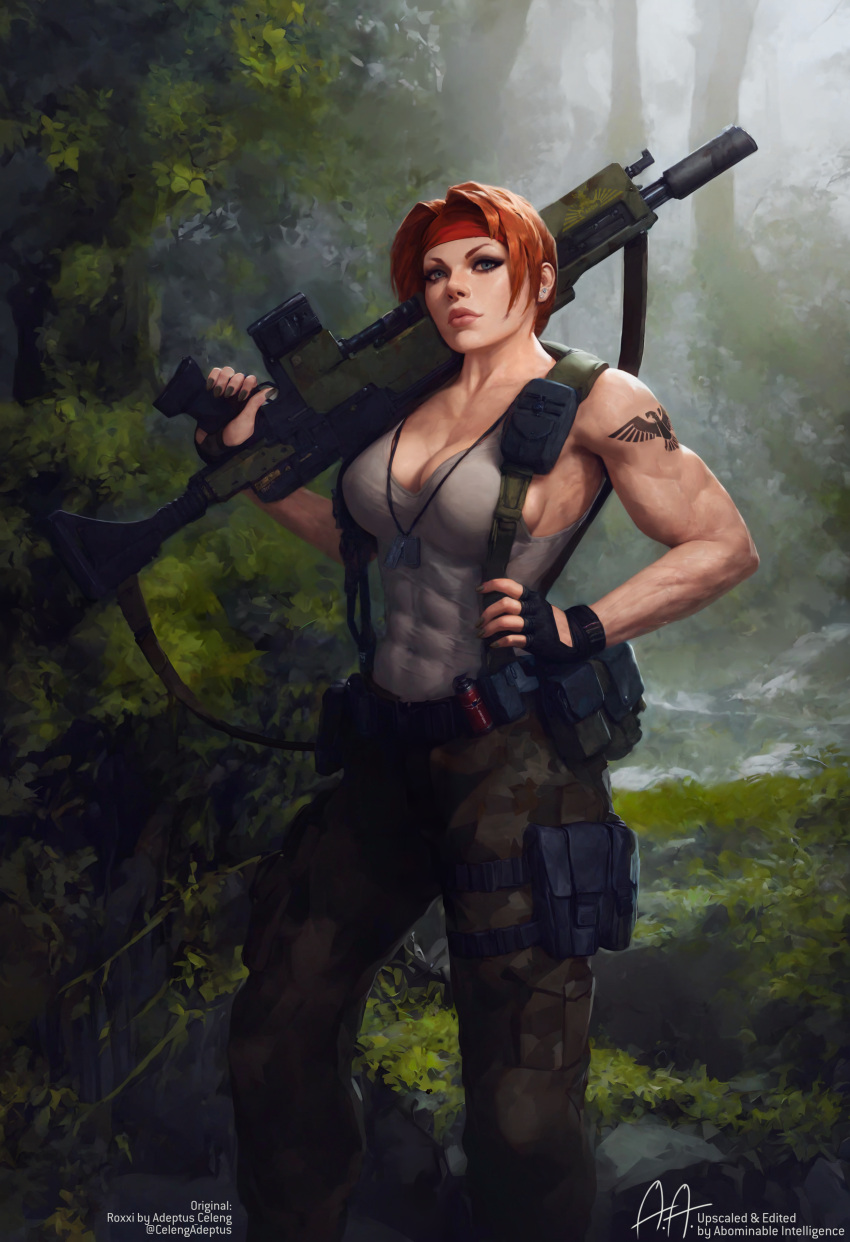 Rule 34 – abs adeptus celeng ai generated artificialanaleptic assault rifle belt breasts camouflage camouflage pants cleavage clothing covered abs dog tags female female only fingerless gloves forest gloves gun headband headwear holding holding gun holding weapon holster imperial guard large breasts lasgun lips looking at viewer modification muscle muscular female nature nose outdoors over shoulder pants pouch red hair red headband rifle short hair solo standing tank top tattoo thigh pouch tied hair toned trigger discipline upscale upscaled warhammer (franchise) warhammer 40k weapon weapon over shoulder | 10080471