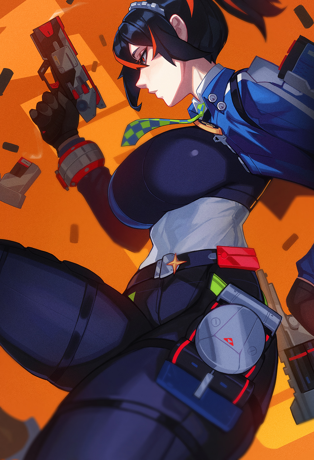 Rule 34 – 1girls big breasts black hair clothed clothing female female only gun handgun hi res qt0ri red eyes red highlights side view solo zenless zone zero zhu yuan | 10759064