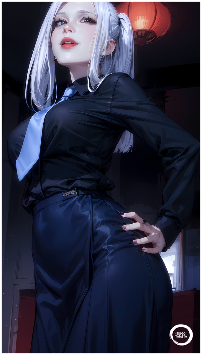 Rule 34 – 1girls ai generated bangs brown eyes cleavage female jujutsu kaisen looking at viewer mei mei (jujutsu kaisen) ponytail red lipstick sexy sexy pose shirt short skirt ties white hair yametastudio | 10752304