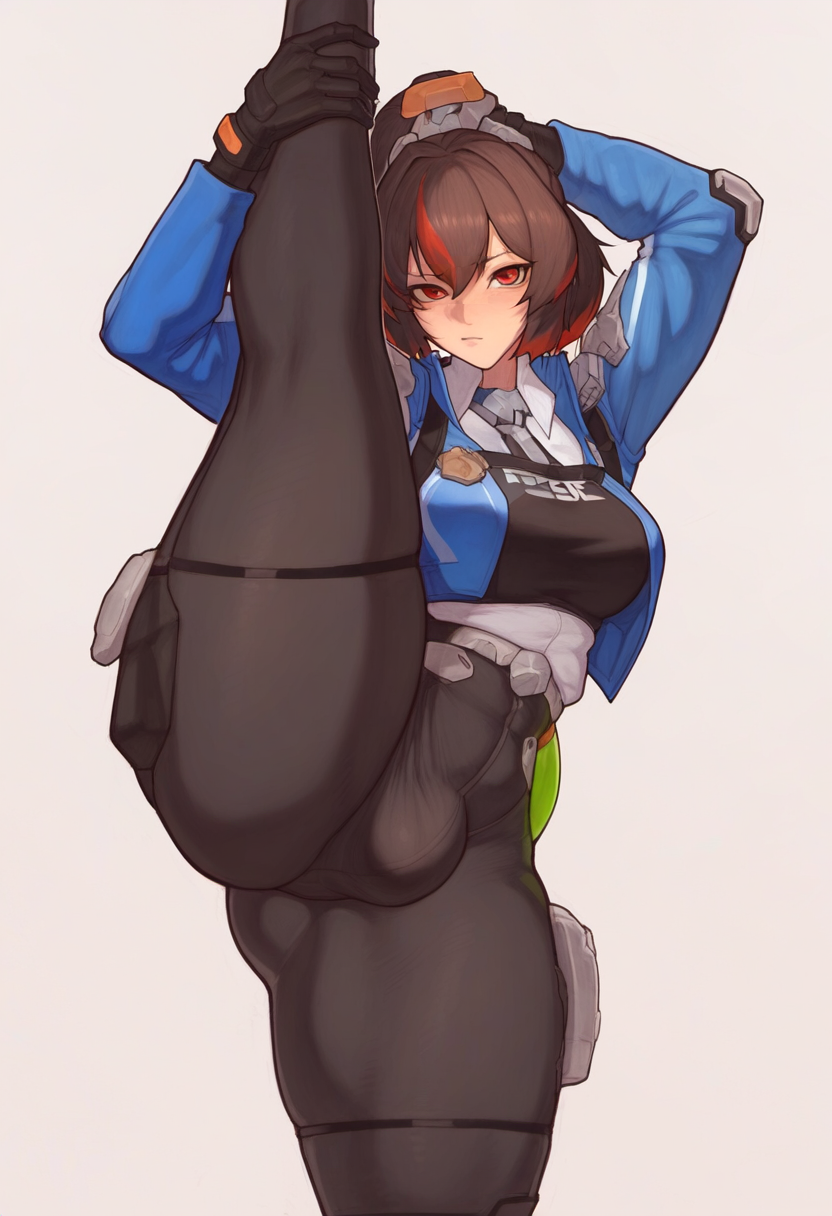 Rule 34 – 1futa 1girls ai generated altra x big ass black gloves black hair bulge legs up multicolored hair pants police uniform ponytail red eyes red hair standing on one leg standing split stretching zenless zone zero zhu yuan | 10708649