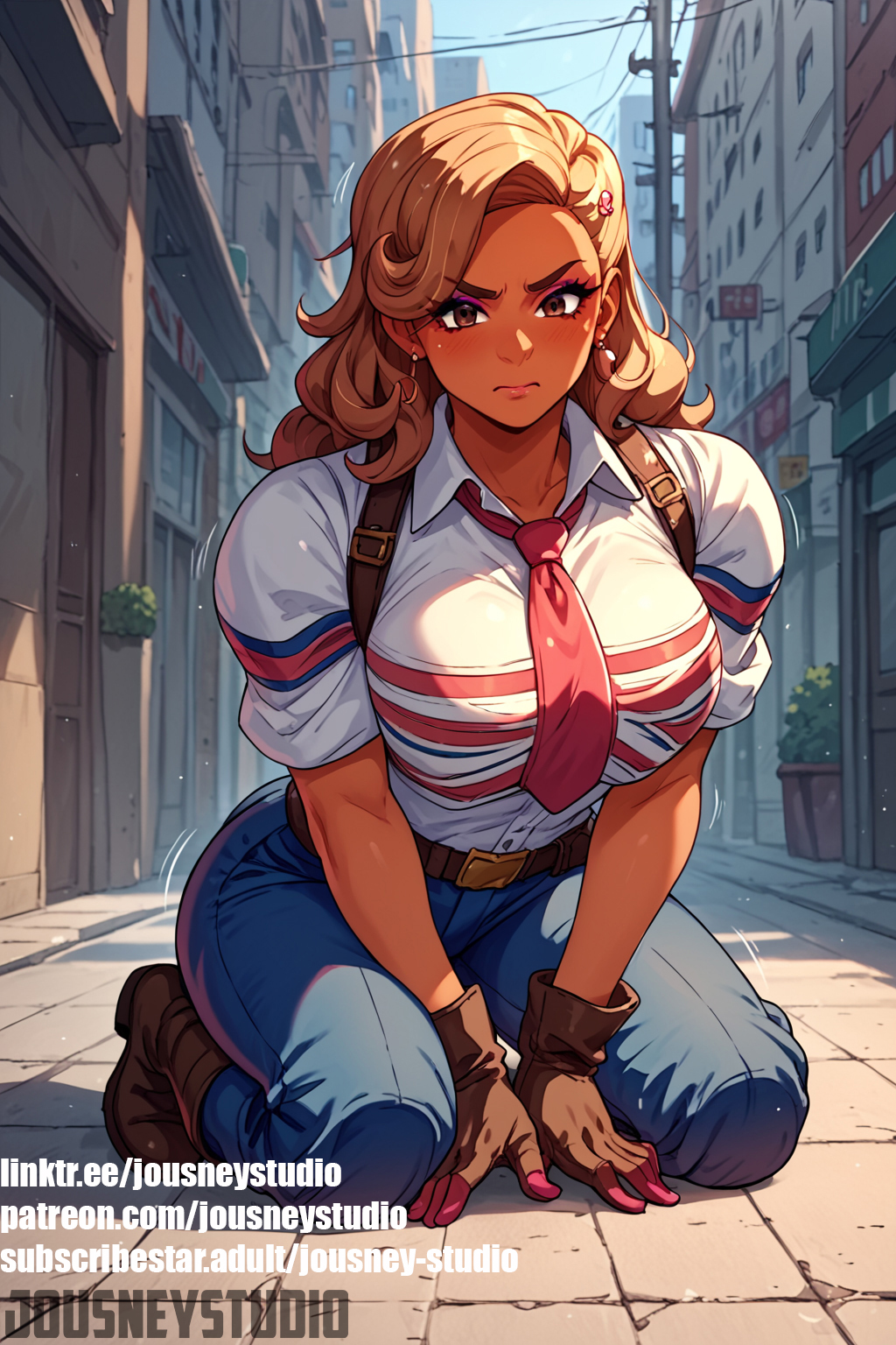 Rule 34 – ai-created ai generated alley belt between legs blonde hair blush boots breasts brown eyes brown footwear brown gloves brown hair building captain carter city clothing collared shirt dark-skinned female dark skin day denim earrings english text female fingerless gloves footwear full body gloves hair ornament hairclip jewelry jousneystudio kneeling large breasts long hair looking at viewer makeup mole necktie neckwear original outdoors pants patreon username pink eyeshadow pink nails power lines red nails red necktie red neckwear road shirt shoes short sleeves sign sitting solo street taut clothes taut shirt text thick thighs thighs tight shirt uniform utility pole watermark web address what if…? white shirt | 10604285