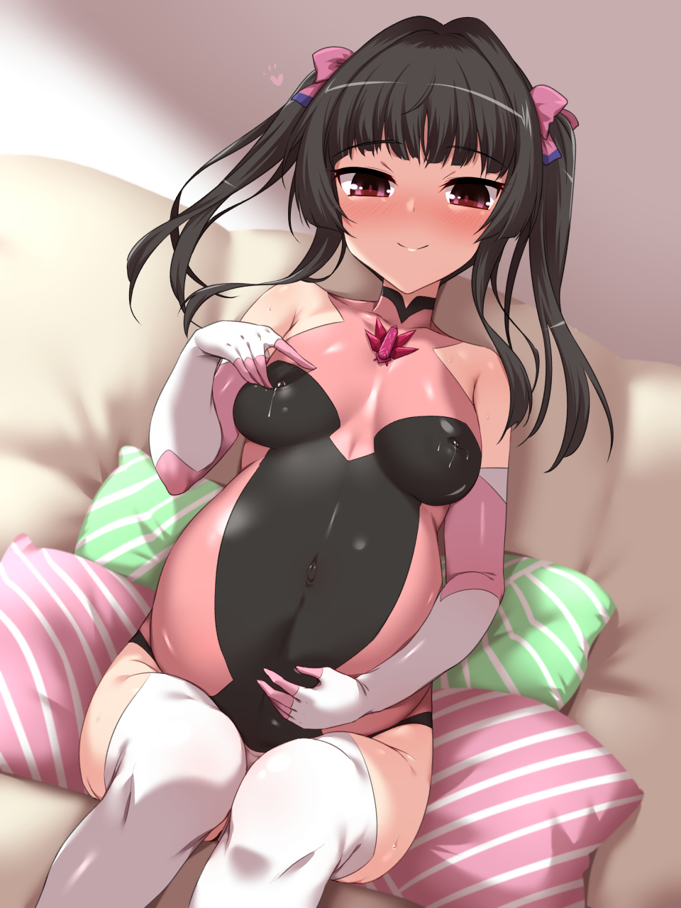 Rule 34 – belly grab black hair blush bodysuit breasts closed mouth couch covered navel elbow gloves female gloves grabbing own breast hair ribbon highres indoors lactation large breasts long hair looking at viewer on couch pillow pregnant red eyes ribbon senki zesshou symphogear sitting smile solo thighhighs tsukuyomi shirabe twintails white thighhighs yoshi tama | 10751402