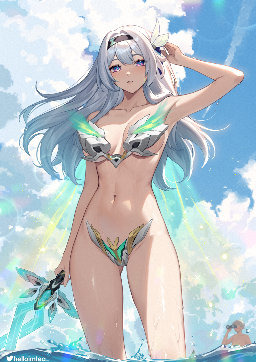 Rule 34 – 1boy 1girls arm up armor armpits bare shoulders bikini bikini armor binoculars black hairband blue pupils blue sky breasts caelus (honkai: star rail) cleavage cloud collarbone commentary request day firefly (honkai: star rail) grey hair groin hair intakes hair ornament hairband helloimtea highres holding holding binoculars holding sword holding weapon honkai: star rail honkai (series) lens flare long hair looking at viewer medium breasts navel ocean outdoors paid reward available parted lips partial commentary purple eyes sky stomach strapless strapless bikini swimsuit sword thighs trailblazer (honkai: star rail) two-tone eyes wading water weapon | 10622820