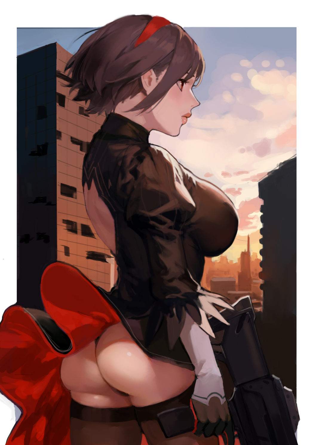 Rule 34 – 1girls ass brown hair city background cityscape cosplay exposed back female goddess of victory: nikke hairband hintobento holding gun holding weapon nier nier: automata nier (series) open back rapi (nikke) red trim short hair side view sky solo solo female solo focus thighhighs upskirt wind wind lift yorha 2b (cosplay) | 10550081