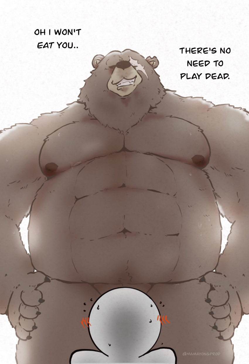 Rule 34 - Bear Belly Ben Bigger Brown Bear Bullying Carnivore Dialogue  Dominant Grizzly Bear Half Naked Hi Res Looming Over Male Male Only  Mamayong (artist) Mammal Mihoyo Musclegut Muscular Nervous Nipples