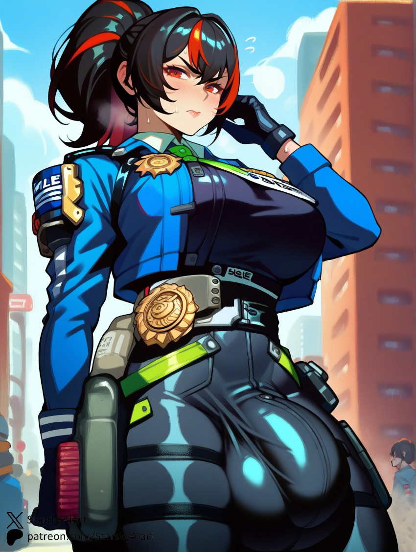 Rule 34 – ai generated blush bulge embarrassed from below futanari huge balls huge cock large breasts looking at viewer multicolored hair police uniform policewoman red eyes stable diffusion starskyai steaming body streaked hair sweat zenless zone zero zhu yuan | 10705979