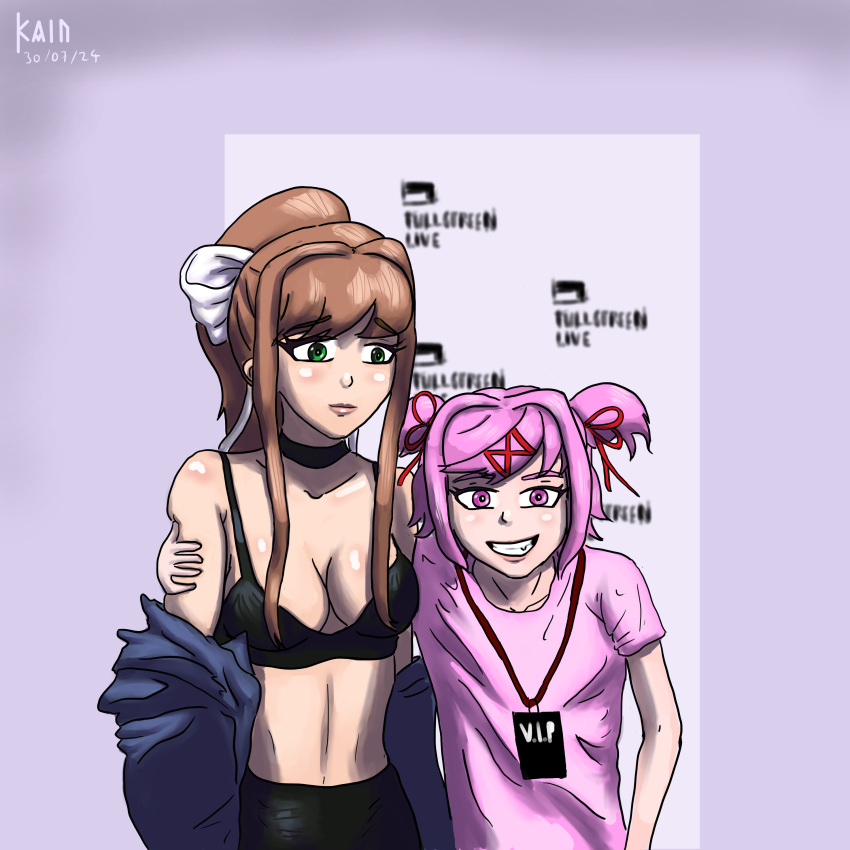 Rule 34 – arm around shoulder arm grab assertive female blush bra brown hair choker cleavage collarbone crop top doki doki literature club dominant female exposed shoulders green eyes grinning at viewer humiliation imminent humiliation kainlarsen meme midriff baring shirt monika (doki doki literature club) natsuki (doki doki literature club) parody pigtails pink eyes pink hair ponytail female red ribbon in hair shiny skin squeezing shoulder submissive female tana mongeau trolling white ribbon | 10815788