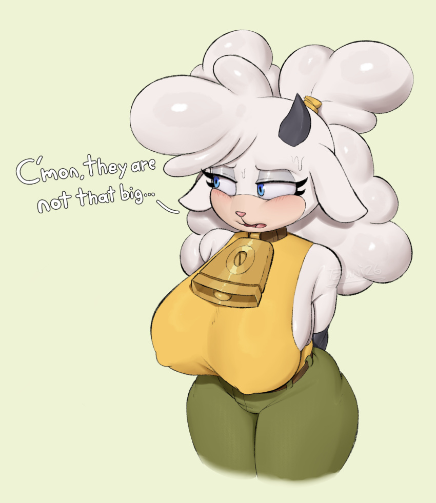 Rule 34 – anthro bell bell collar big breasts blue eyes blush clothed clothing collar female furry green pants horn lanolin the sheep nipple bulge nipples sideboob simple background solo sonic (series) text tzuni26 white body white fur white hair wide hips yellow shirt | 10605304