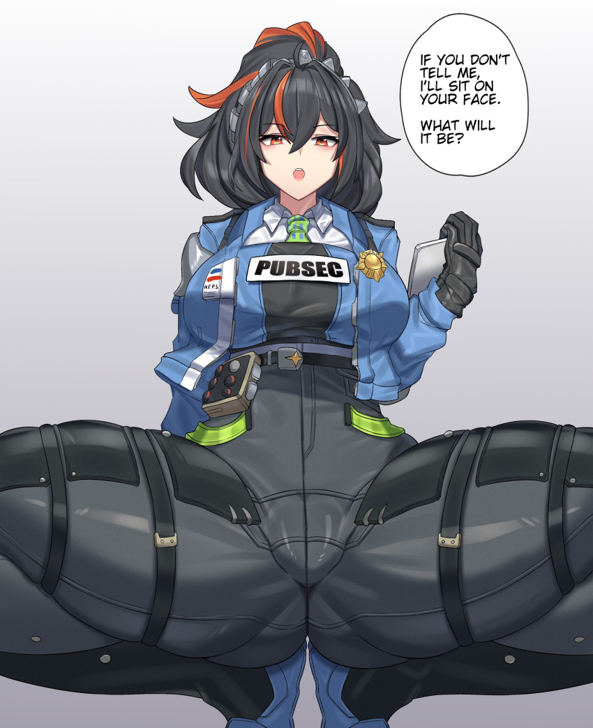 Rule 34 – :o belt black belt black gloves black hair black vest blue footwear blue jacket blue vest breasts checkered necktie clothes writing collared shirt commentary crotch focus english text female gloves green necktie hair between eyes high-waist pants highres holding holding tablet pc jacket large breasts long hair looking at viewer metal hairband multicolored hair necktie open clothes open jacket open mouth orange eyes pants police police badge police uniform policewoman ponytail red hair shirt shoes sidelocks simple background skindentation solo speech bubble spread legs squatting streaked hair tablet pc teeth tetsu chokoreto tight clothes tight pants two-tone vest uniform upper teeth only vest white background white shirt zenless zone zero zhu yuan | 10790029