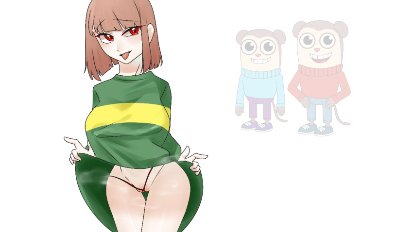 Rule 34 – 1girl 2boys bestdestroy lnha brainrot brother/brother brothers brown hair chara chara (undertale) female female chara jimmy (max design pro) joke art kill me looking at another max (max design pro) max design pro medium breasts meme monkey monkey boy monkey humanoid open mouth partially clothed red eye red eyes self upload short hair smile smiling thong undertail undertale white background youtube youtube shorts youtuber | 10625321