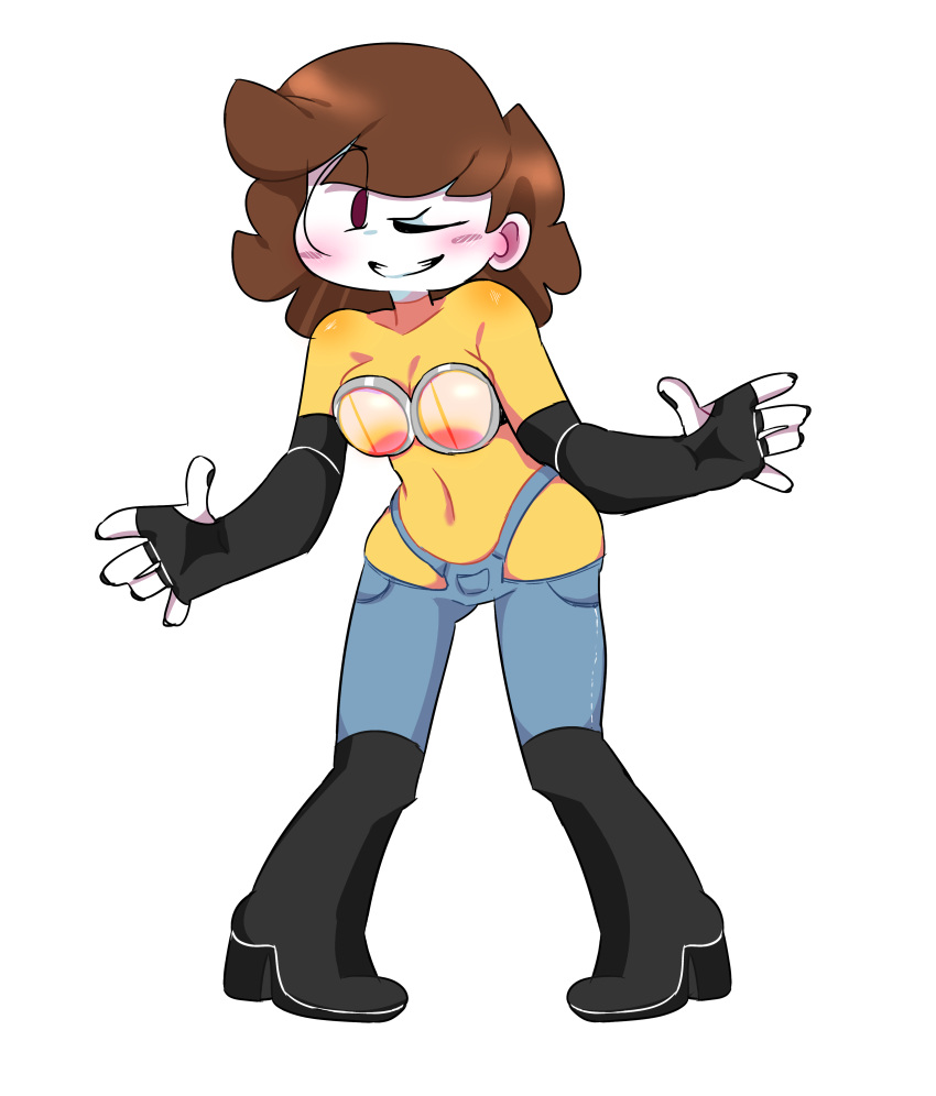 Rule 34 – 1girl 1girls 2020s belly button belly button visible through clothing black nail polish black nailpolish black nails blue overalls blush blush lines brown hair candy girl cheeky cheeky smile cute cute face fingerless armwear fingerless gloves gummy creature happylikeawall happylikeawall (artist) kneehigh boots kneehighs latex bodysuit minion minion (despicable me) monochromatic skin navel navel visible through clothes oc original character purple eyes see-through bra self insert toony white background wink winking winking at viewer winking eye yellow latex youtube youtuber youtuber girl | 10545531