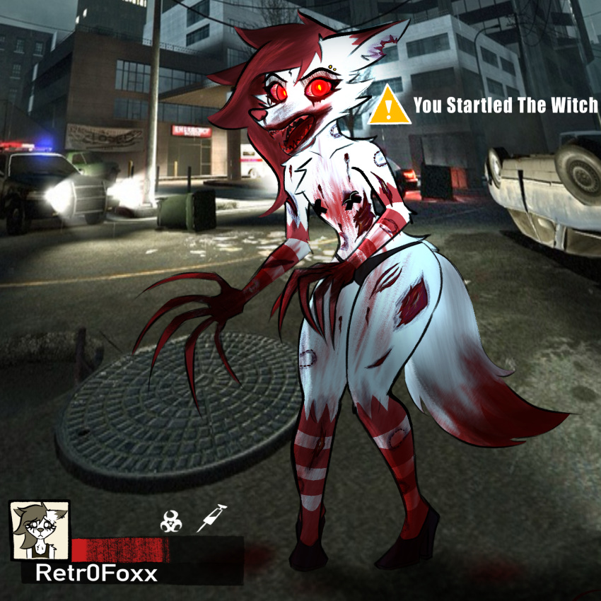Rule 34 – anthro biohazard symbol bite bite mark blood blood from mouth blood in mouth blood on clothing blood on hand blood stain bloodshot eyes bodily fluids bone bullet wound canid canine car car crash city city background claws clothing death evil face evil look exposed bone flesh fox fur gameplay mechanics gore gore focus gui gunshot hair hazard symbol health bar hi res high heels infection left 4 dead (series) long claws long hair looking at viewer male mammal markings multicolored body nipple tape nosebleed pasties plantigrade police police car police vehicle raised heel red eyes red hair red markings red nose retr0foxx scratches solo symbol syringe tape undead underwear valve vehicle white body white fur witch (left 4 dead) zombie | 10605450