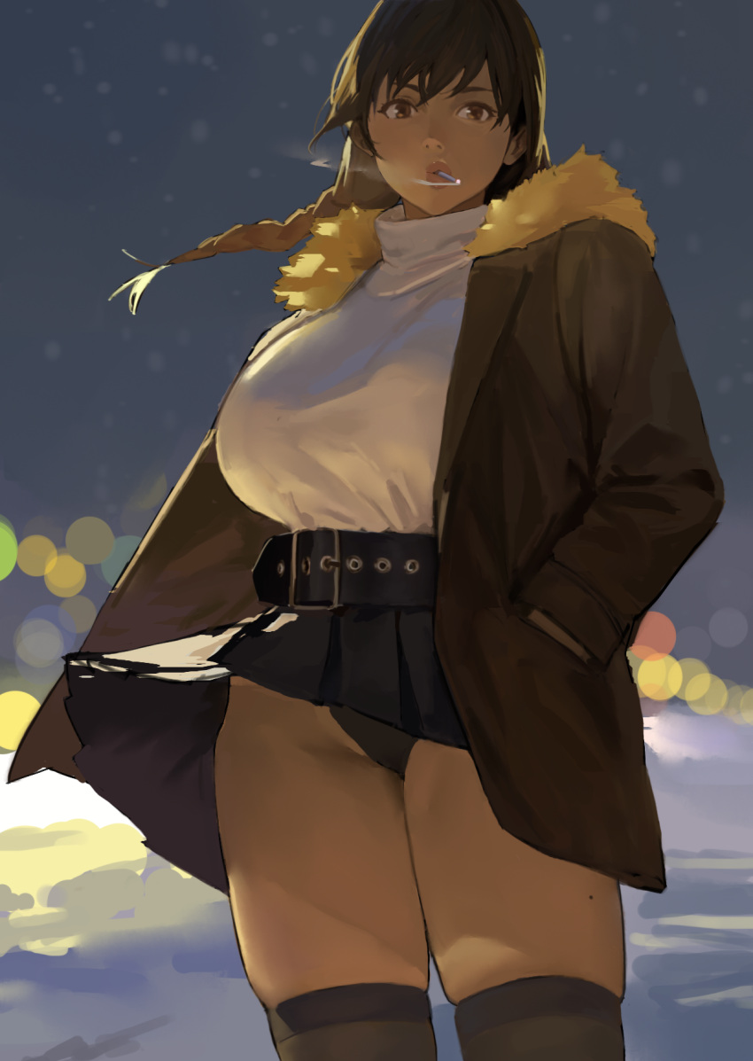 Rule 34 – 1girls belt hands in pockets hintobento jacket large breasts lights mole on thigh original panties visible under skirt ponytail skirt skirt up smoking snow solo solo female solo focus stockings wind winter winter clothes | 10551606