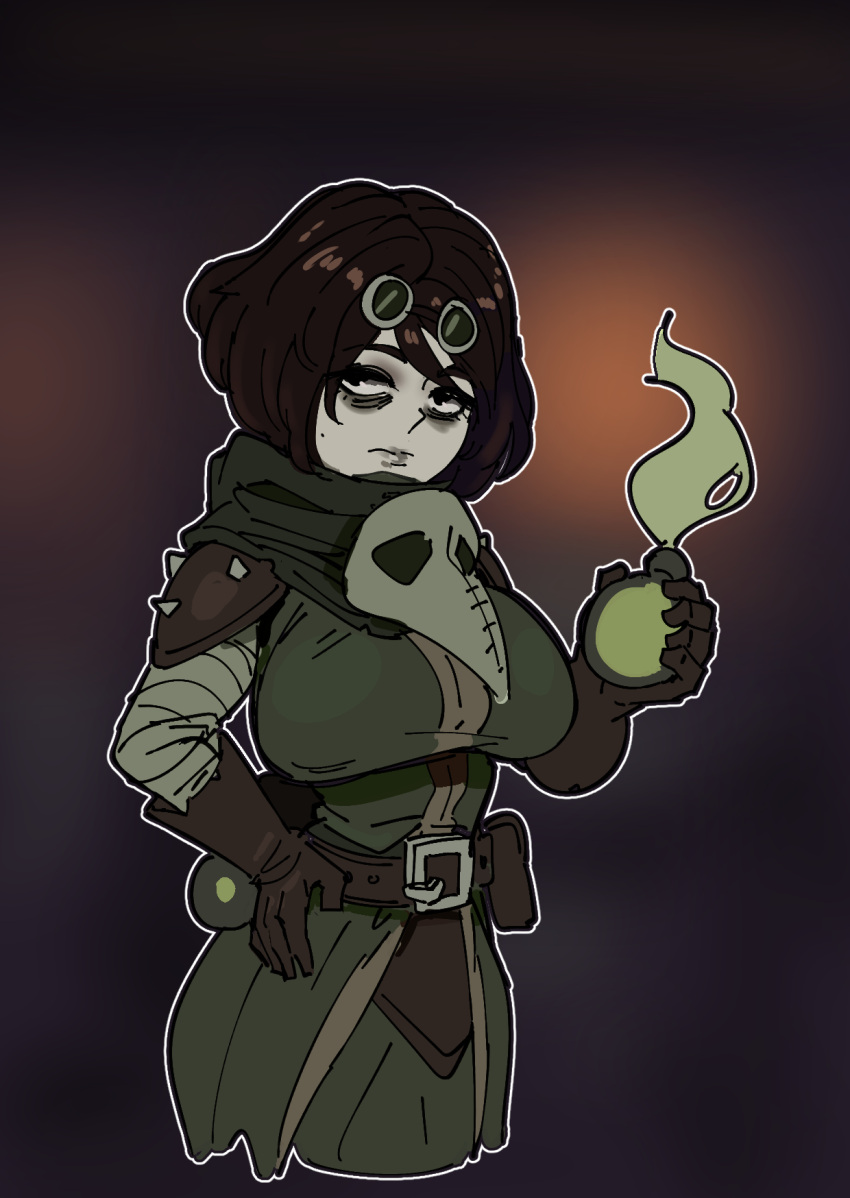 Rule 34 – 1girls 2023 arm wraps bathsalts1 belt big breasts black eyes blurry background breasts brown hair clothed cowl darkest dungeon eyeshadow female female only flask front view gas mask gloves goggles hi res high resolution highres hips holding flask holding object hood down leather leather armor leather belt leather clothing long gloves mask medieval clothing only female pale skin plague doctor plague doctor (darkest dungeon) pouch satchel short hair shoulder pads shoulder spikes solo solo focus wide hips wrappings | 10647478