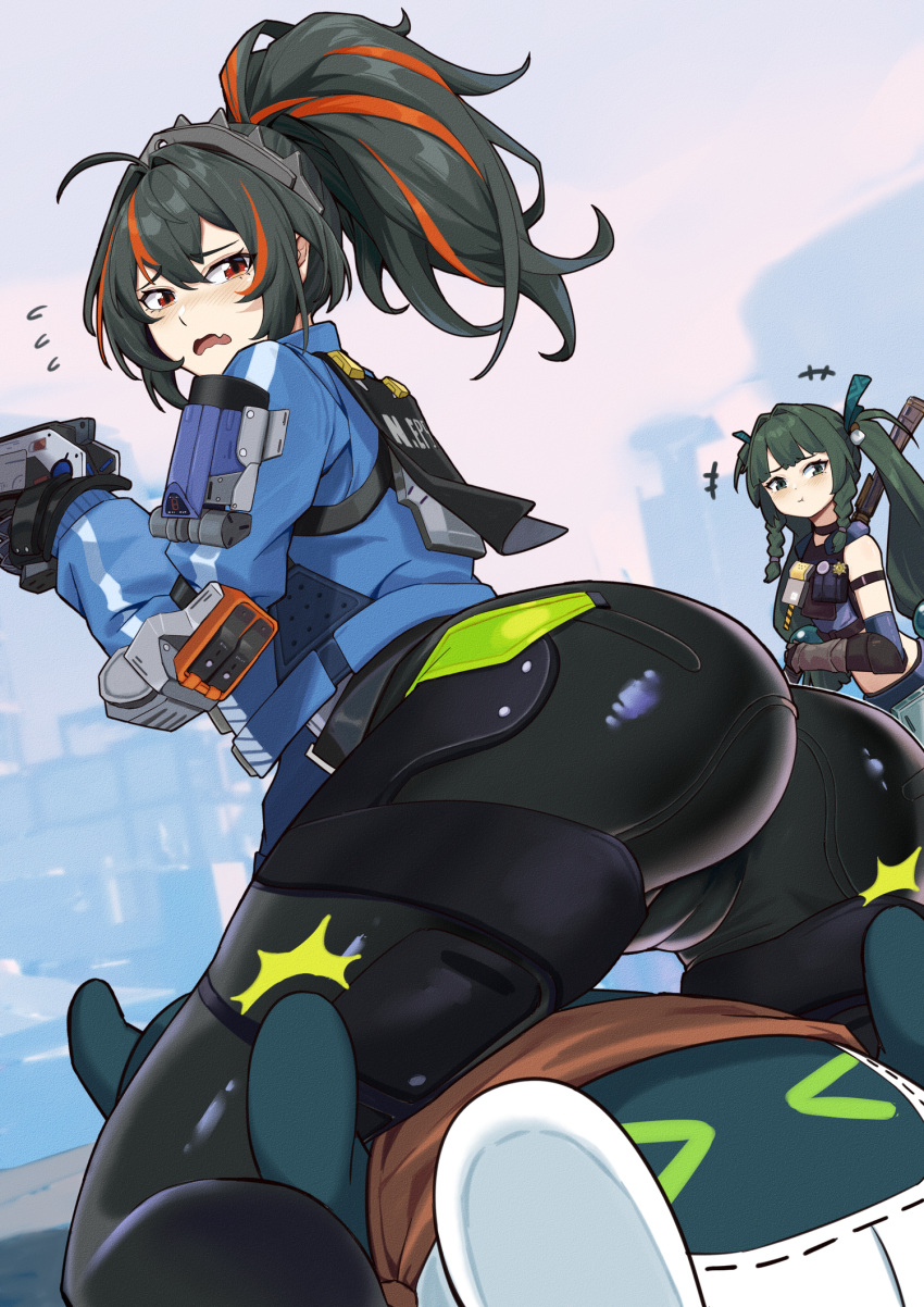 Rule 34 – > < +++ 2girls :t ahoge android ass bangboo (zenless zone zero) black choker black gloves black hair black shirt blue jacket blush choker closed mouth clothes writing commentary request crop top eous (zenless zone zero) gauntlets gloves green eyes green hair green ribbons gun hair between eyes hair ribbon high-waist pants highres holding holding gun holding staff holding weapon holster holstered hpapo jacket kneeling long hair looking at another metal hairband midriff multicolored hair multiple girls nose blush oerba yun fang open clothes open jacket open mouth outdoors pants police police uniform policewoman ponytail qingyi (zenless zone zero) red eyes red hair ribbon robot girl shirt shorts shoulder holster sidelocks skin fang sleeveless sleeveless shirt staff standing streaked hair three section staff tight clothes tight pants twintails two-tone hair uniform wavy mouth weapon white shirt zenless zone zero zhu yuan | 10790076